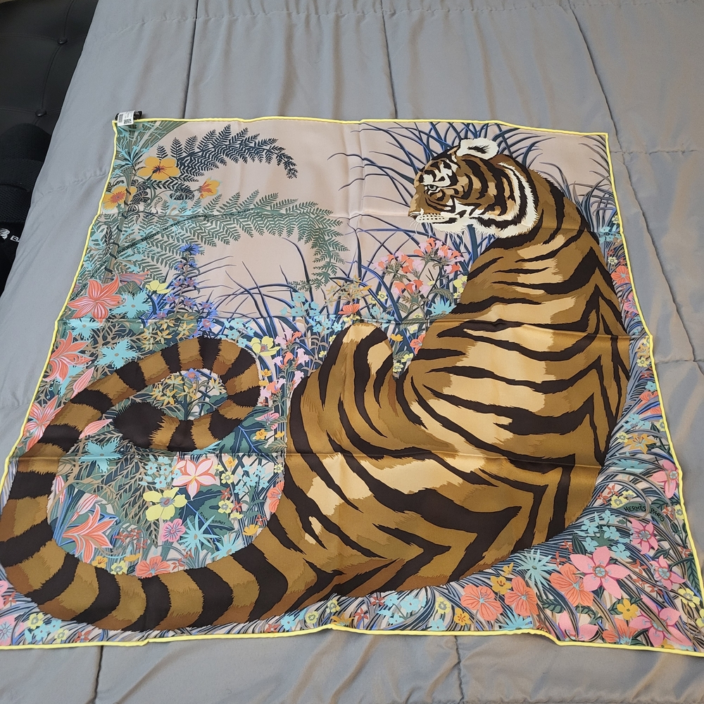Hermes Vibrant Tiger and Floral Scarf